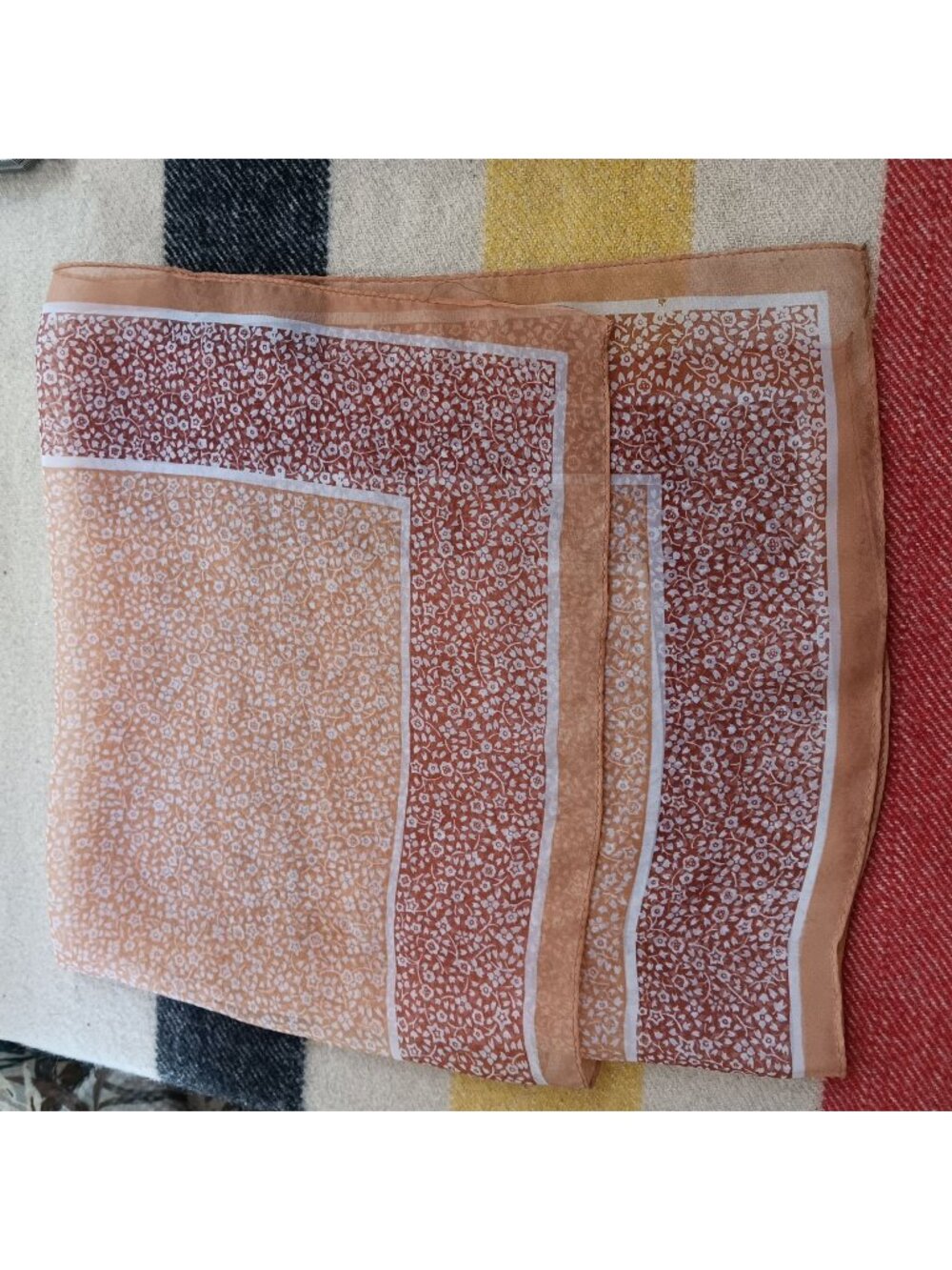Vintage 60s Nylon Sheer Floral Print Scarf Brown & White Square Pattern 25x26